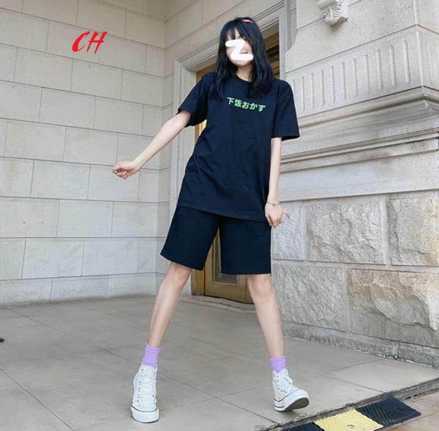 Sét áo chữ tàu xanh + quần đùi ngố CH12