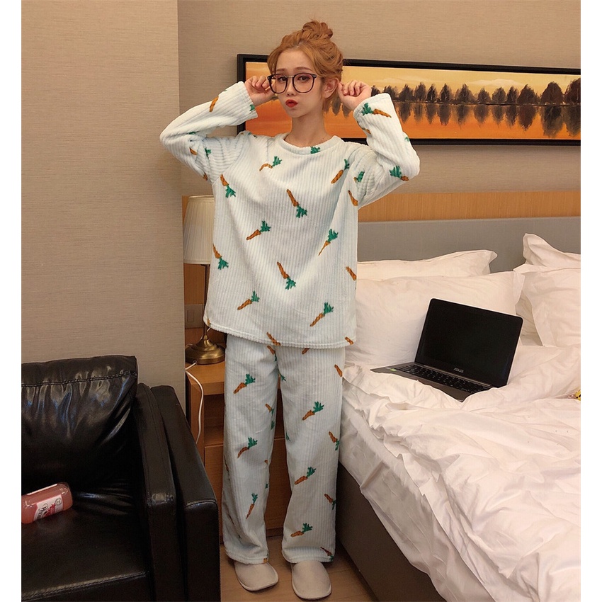 Bộ Đồ Ngủ Tay Dài Giữ Ấm Mùa Thu Đông Cho Nữ