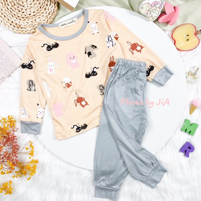 (jean baby kho sỉ ) bộ thun lạnh dài tay minky mom họa tiết cho bé trai bé gái