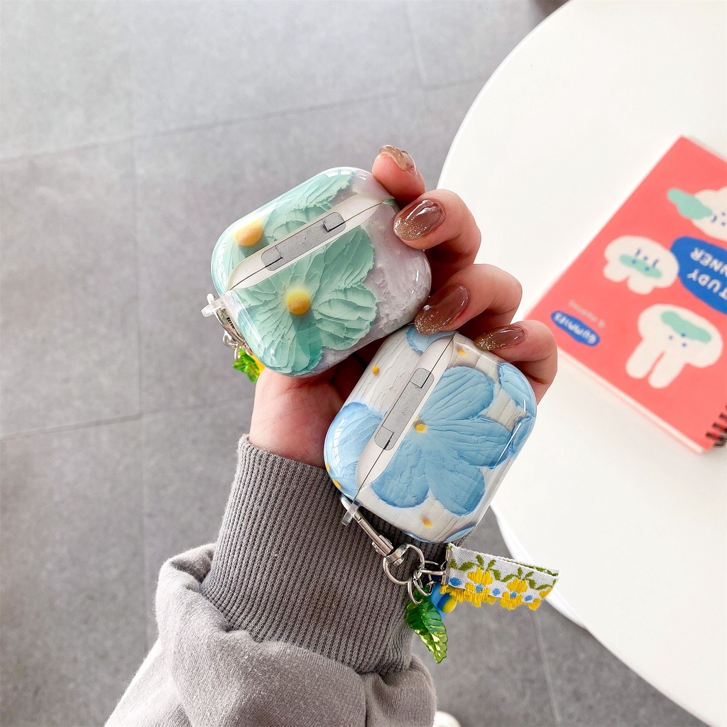 Vỏ Bảo Vệ Hộp Sạc Tai Nghe Bluetooth Không Dây AirPods 1 2 pro 3 2021 gen3 Hình Hoa Màu Xanh Lá Sáng Bóng
