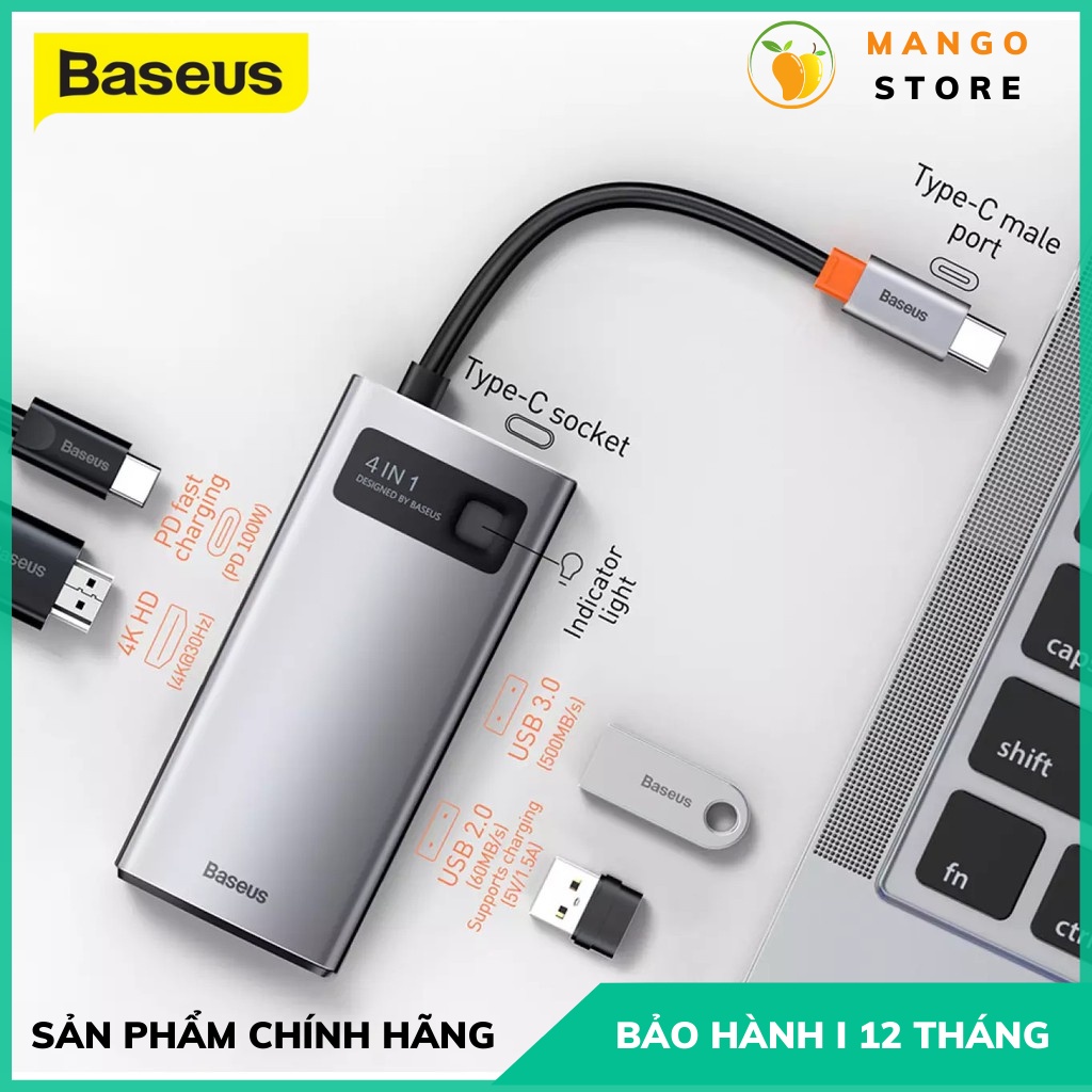 Bộ chuyển đổi Laptop Macbook Hub 4 in 1 Baseus Type C Ra 2 Usb,HDMI và cổng sạc PD Type C 100W Chính Hãng - BH 12 Tháng