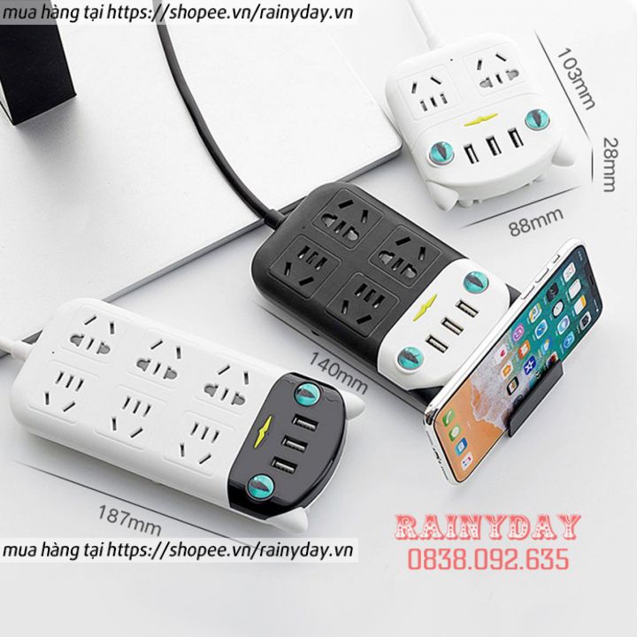 Ổ cắm điện đa năng hình mèo có 3 cổng USB và 4 chân cắm ổ điện chống giật thông minh dây dài