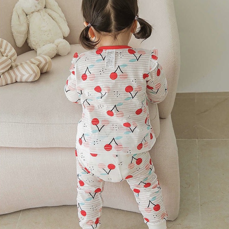 Bộ Dài Tay Cao Cấp Bé Gái Nội Địa Hàn Quốc Của Hãng Corrdii, Chất Cotton Giấy Organic, Mẫu Cherry