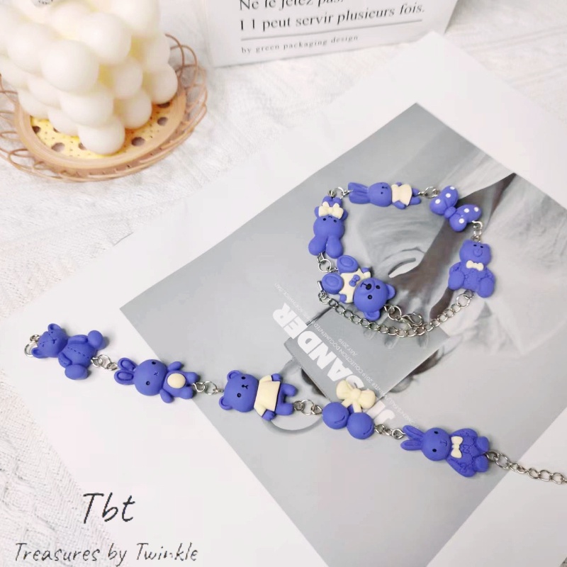 vòng đeo tay dễ thương gấu thỏ nơ mô hình dây chuyền bạc phổ biến Vòng đeo tay màu xanh da trời Klein(Tbt)