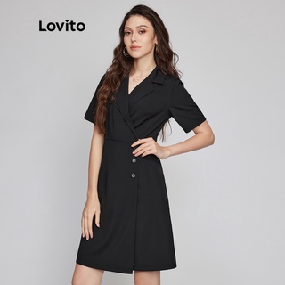 Đầm Lovito phong cách thời trang màu trơn tay ngắn tôn dáng cổ dạng bẻ cài nút kiểu blazer dáng chữ A L26LD054 (màu đen)