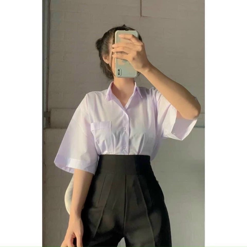 SƠ MI TRẮNG XANH TAY LỠ FORM RỘNG HỌC SINH