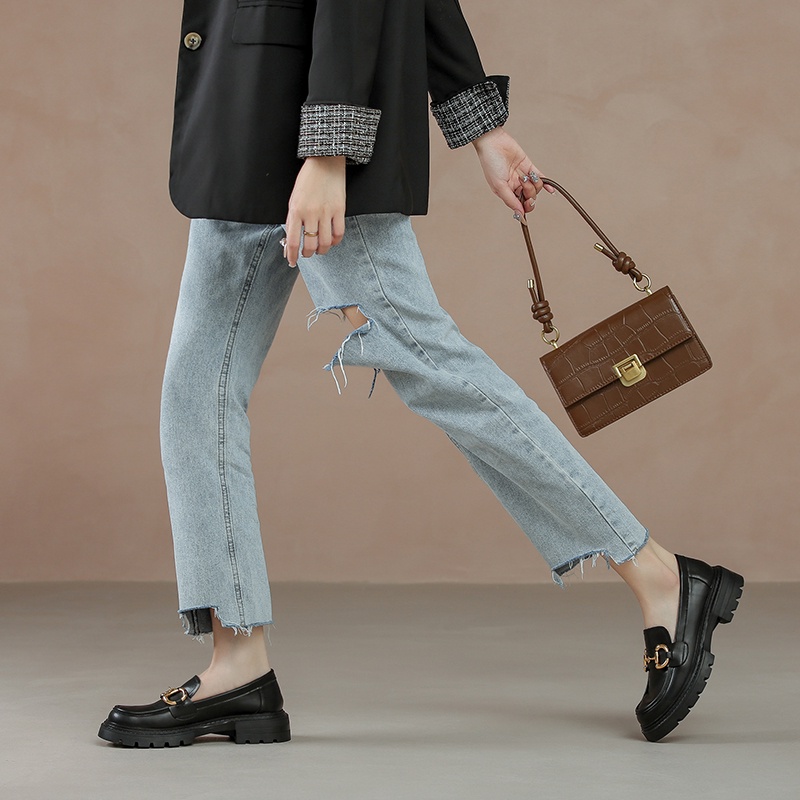 Giày Lười Da Bóng Mũi Tròn Đế Bằng 4cm Phong Cách retro Anh Quốc Thời Trang