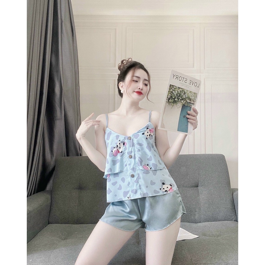 Đồ ngủ nữ, bộ mặc nhà 2 dây chất lụa phối satin, kiểu dáng dễ thương, chất vải mát, phom dưới 50kg | BigBuy360 - bigbuy360.vn