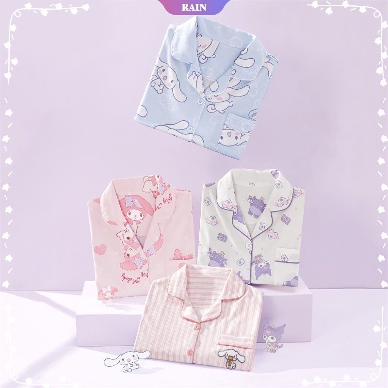 SANRIO Bộ Đồ Ngủ Ngắn Tay Họa Tiết My Melody Kuromi Cinnamoroll Dễ Thương Size M-2Xl