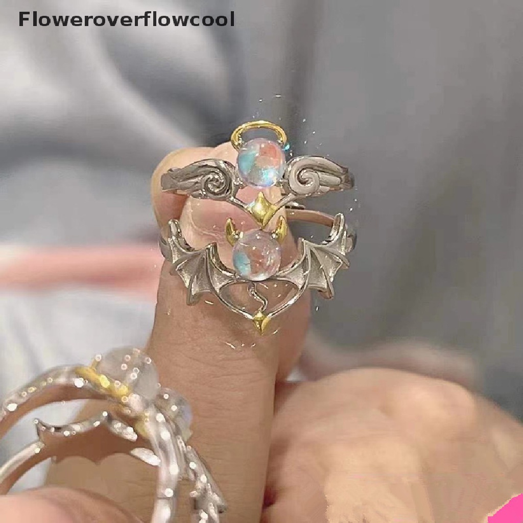 Nhẫn cặp đôi đính đá mặt trăng màu bạc hình thiên thần/ác quỷ thời trang cho nam nữ