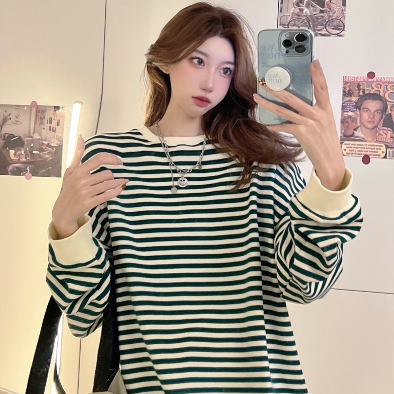 Áo nỉ cổ tròn dáng rộng kẻ sọc ngang 3 màu thời trang Hàn Quốc cho nữ | BigBuy360 - bigbuy360.vn