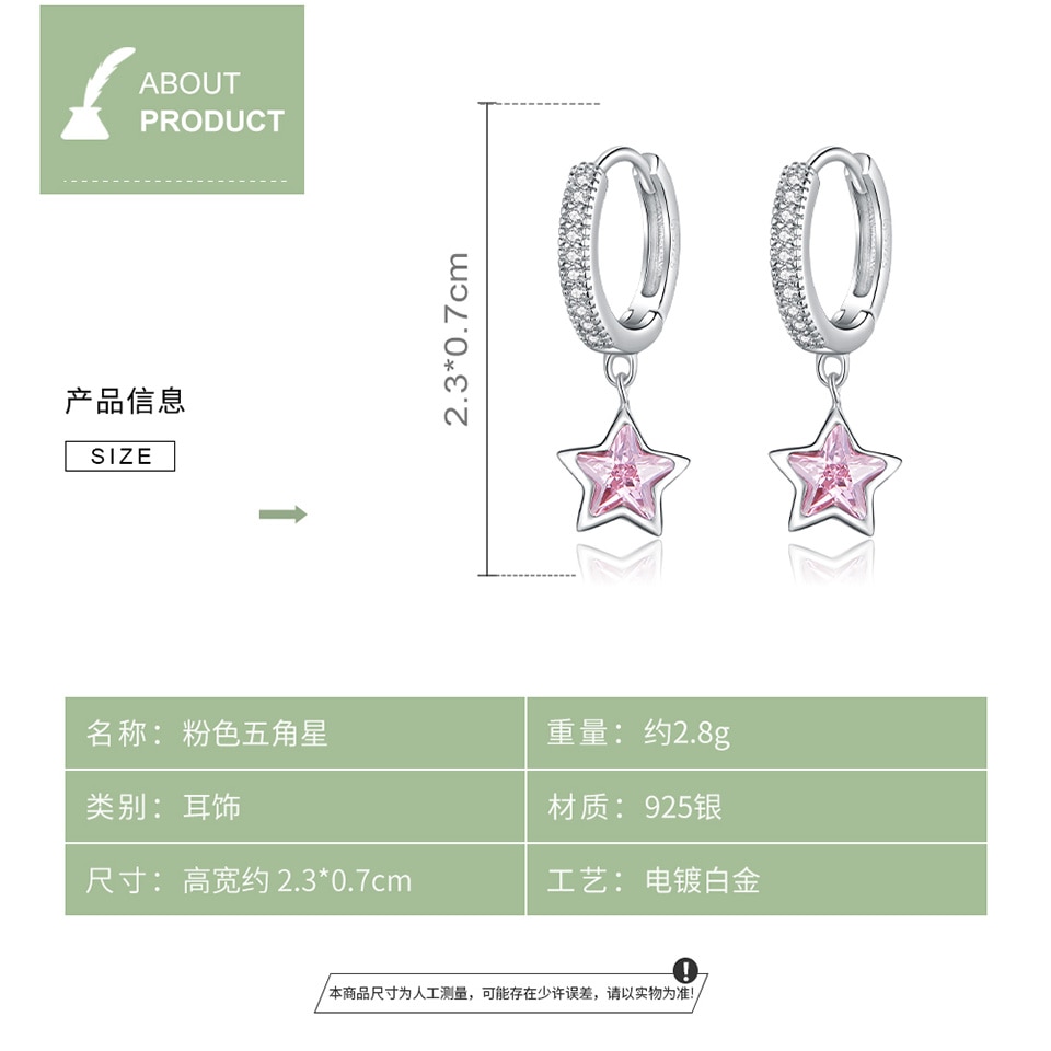 Khuyên tai Bamoer BSE414 Bạc 925 thiết kế hình ngôi sao màu hồng lấp lánh thời trang cho nữ