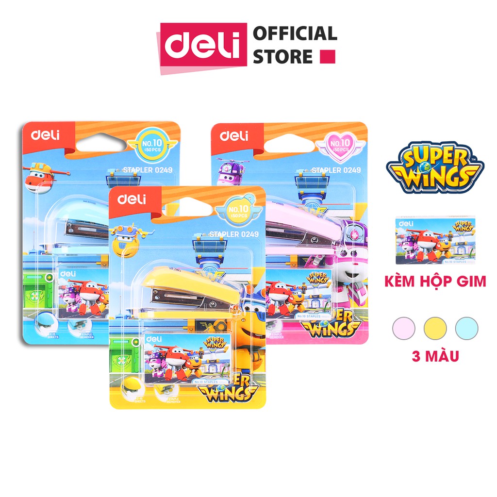 Dập ghim mini #10 Deli Superwings bao gồm hộp ghim Xanh - Hồng - Vàng E0249