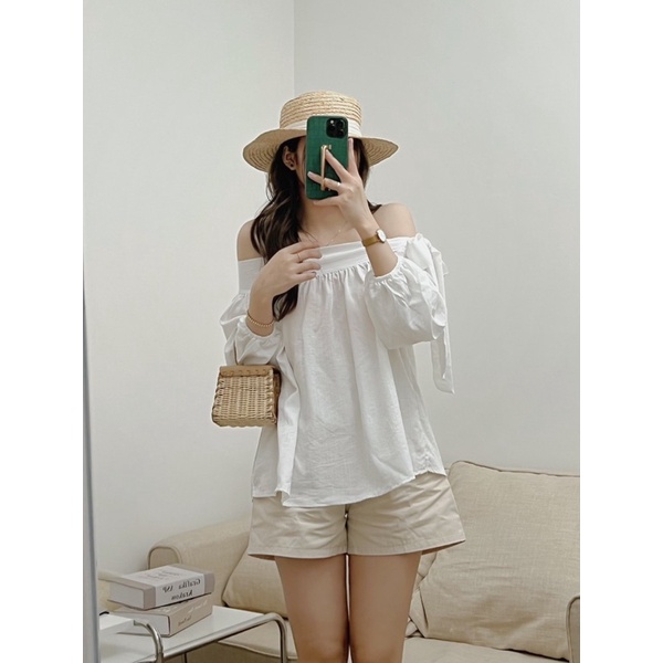 [Ảnh thật]Áo đũi trễ vai thắt nơ phong cách Ulzzang