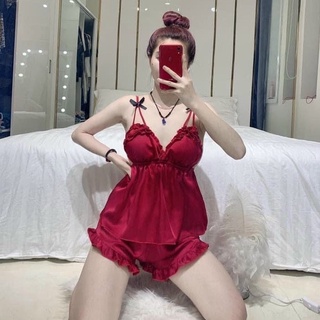Sét bộ ngủ áo hai dây đính nơ kèm quần đùi cực xinh , chất phi lụa mềm mịn sexy