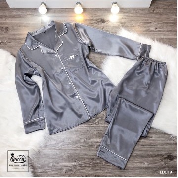 MSTD07 Pyjamas Xám Tay dài quần dài Lụa satin trơn có viền