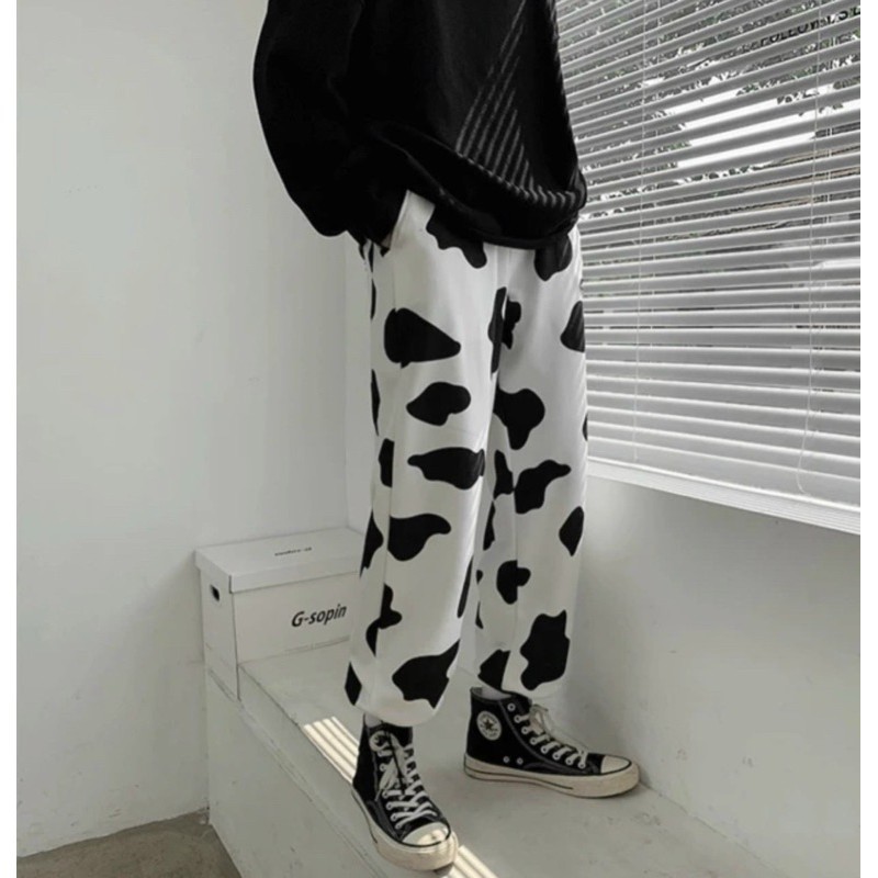 Quần Jogger thun Nam Nữ Unisex in hình Bò Sữa  quần dài có dây rút vải thun cực mát cá tính