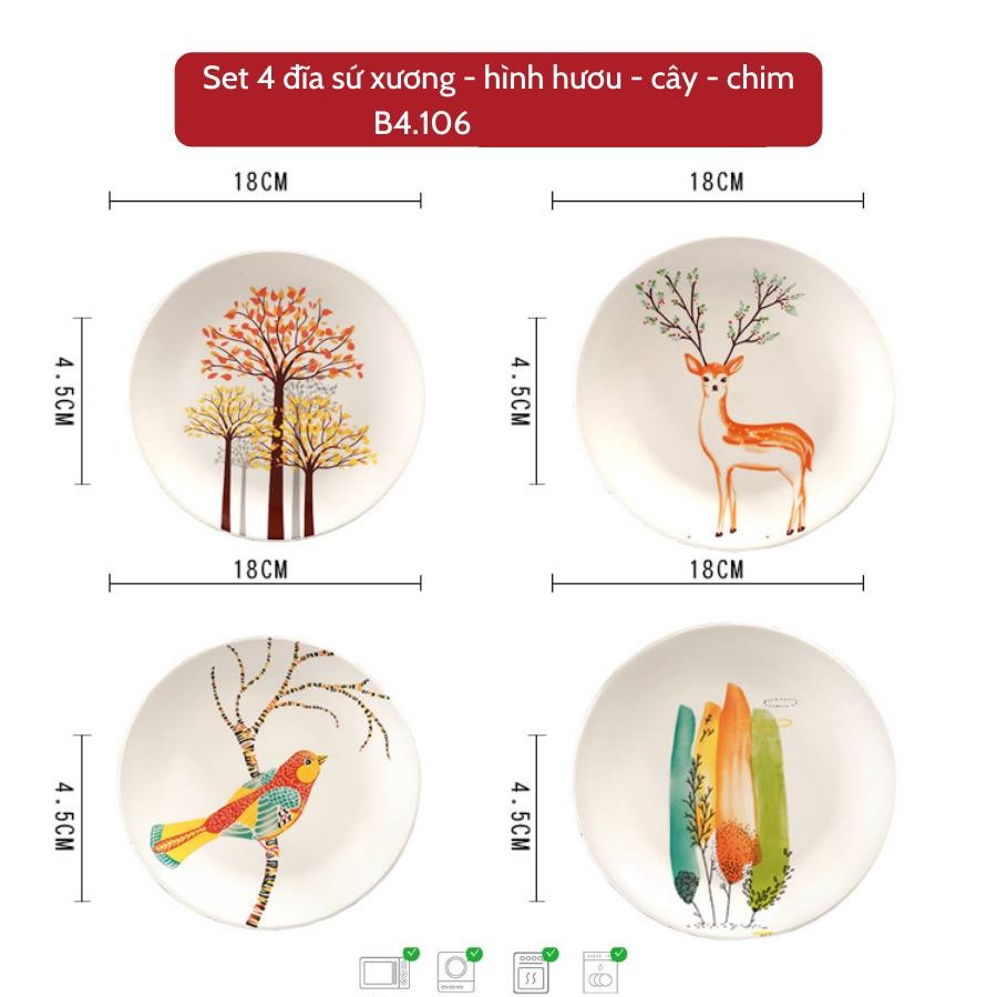 Đĩa sứ - set 4 đĩa sứ xương hình hươu cây phong cách Bắc Âu