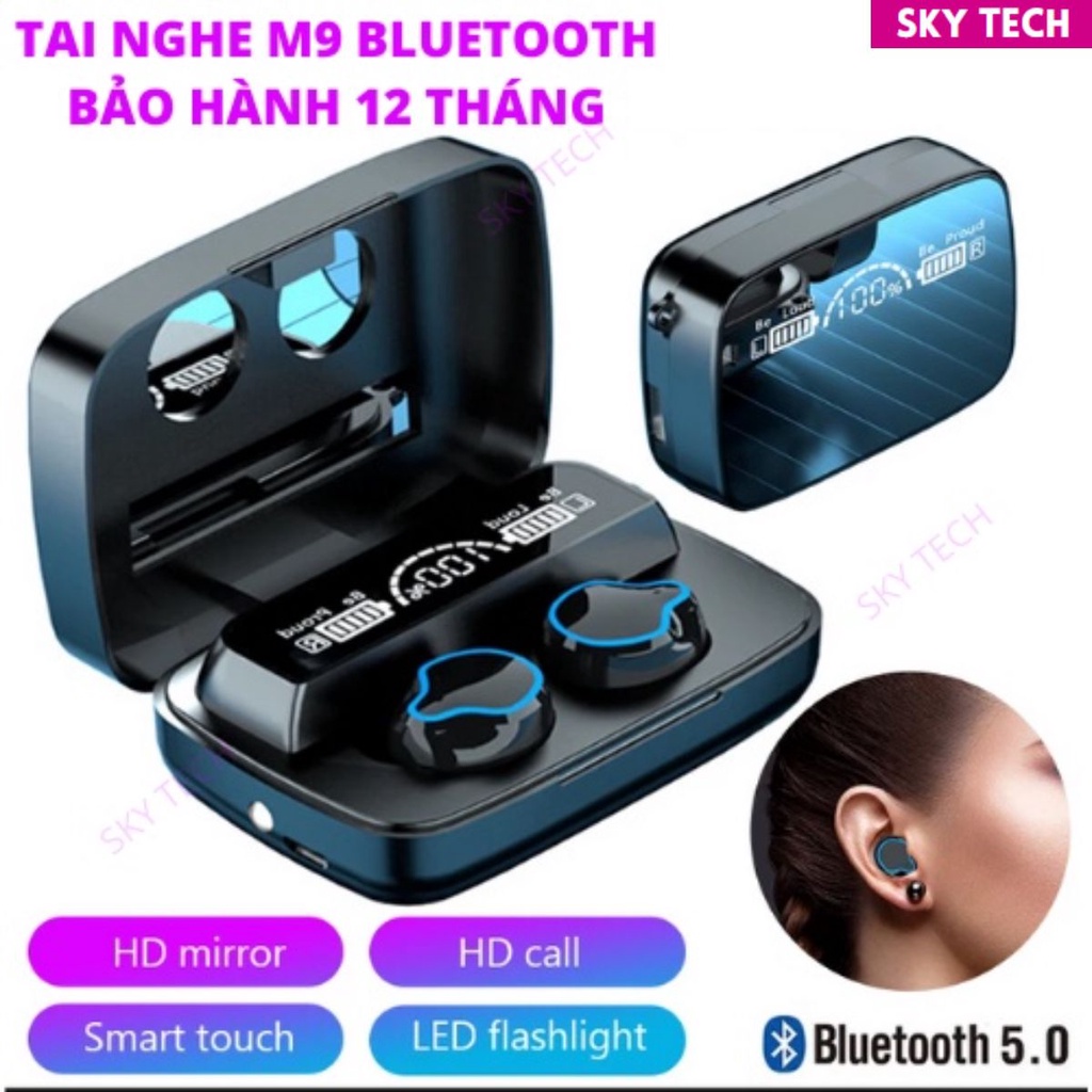 Tai Nghe Không Dây Bluetooth 5.1 M9 LED TWS Điều Khiển Cảm Ứng Chống Nước Chất Âm Thanh Hifi Chống Ồn Lượng Cao Sky Tech