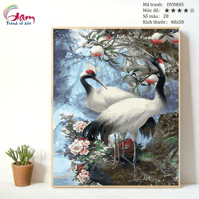 Tranh tô màu theo số hạc trắng mẫu đơn căng khung 40x50cm DV0845