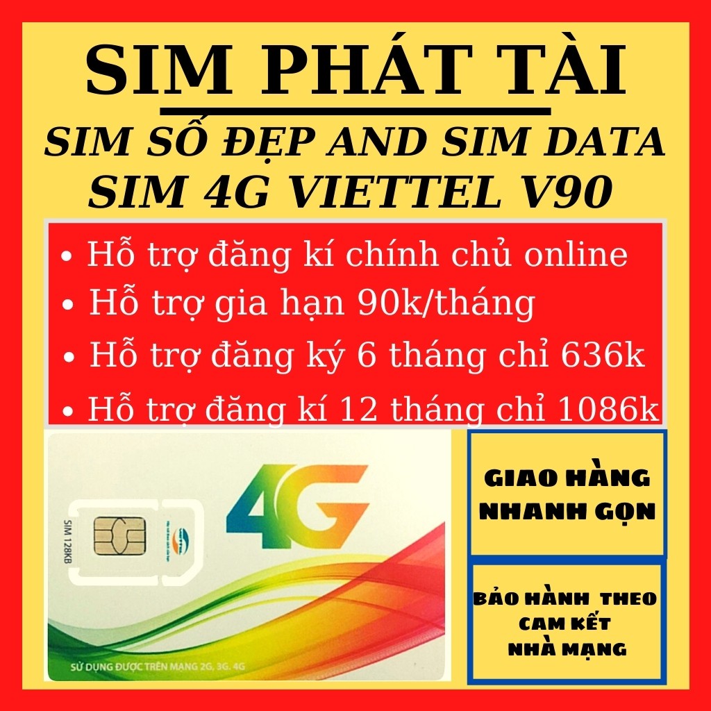 SIM 4G VIETTEL V90 DATA 60GB - Sim miễn phí gọi nội mạng - 50 phút gọi ngoại mạng
