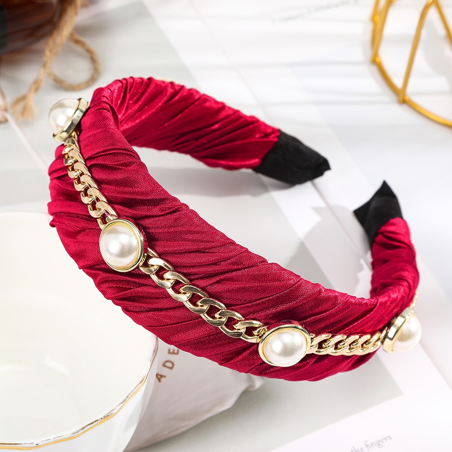 Băng đô cài tóc bản rộng xếp nếp màu trơn phối hạt ngọc trai nhân tạo phong cách Hàn Quốc thời trang dành cho nữ