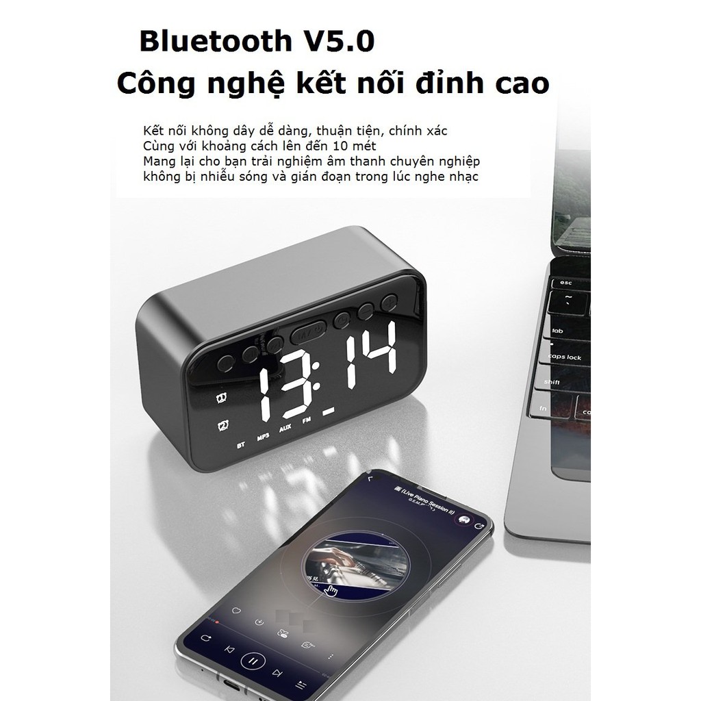 Loa bluetooth đồng hồ báo thức A5 màn hình đèn led tráng gương hỗ trợ usb thẻ nhớ đài fm