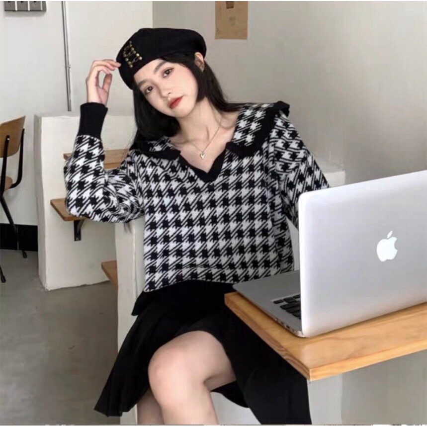 Áo Len Nữ Tay Dài Cổ Búp Bê Họa Tiết Caro Phong Cách Hàn Quốc Cổ Điển Cho Nữ HAVIVI SHOP | BigBuy360 - bigbuy360.vn