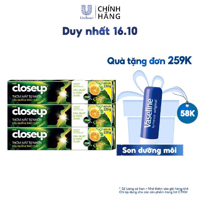 Combo 3 Kem đánh răng dạng gel sạch khuẩn Closeup Thơm Mát Tự Nhiên Dầu Quất, Thảo Dược 230g