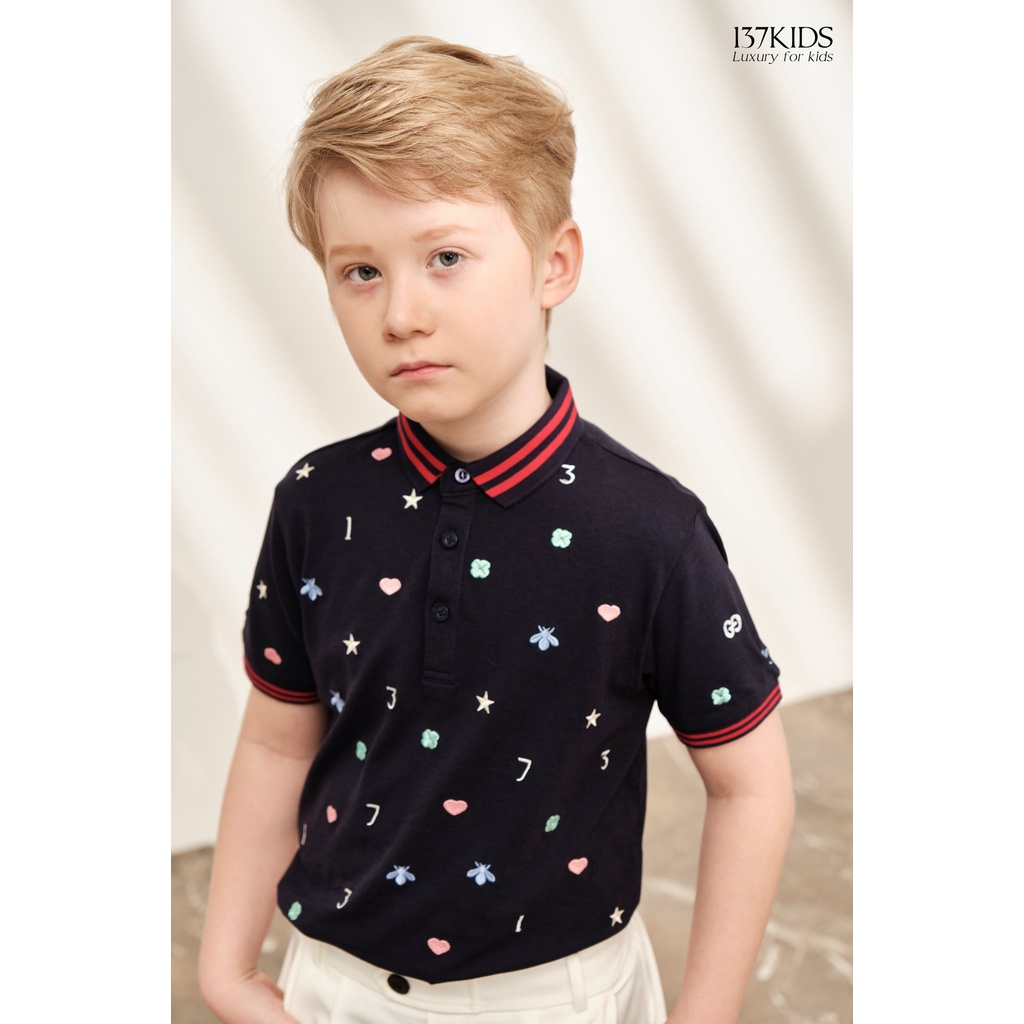 Áo polo cộc tay xanh than họa tiết 137Kids chất cotton thoáng mát năng động cho bé trai