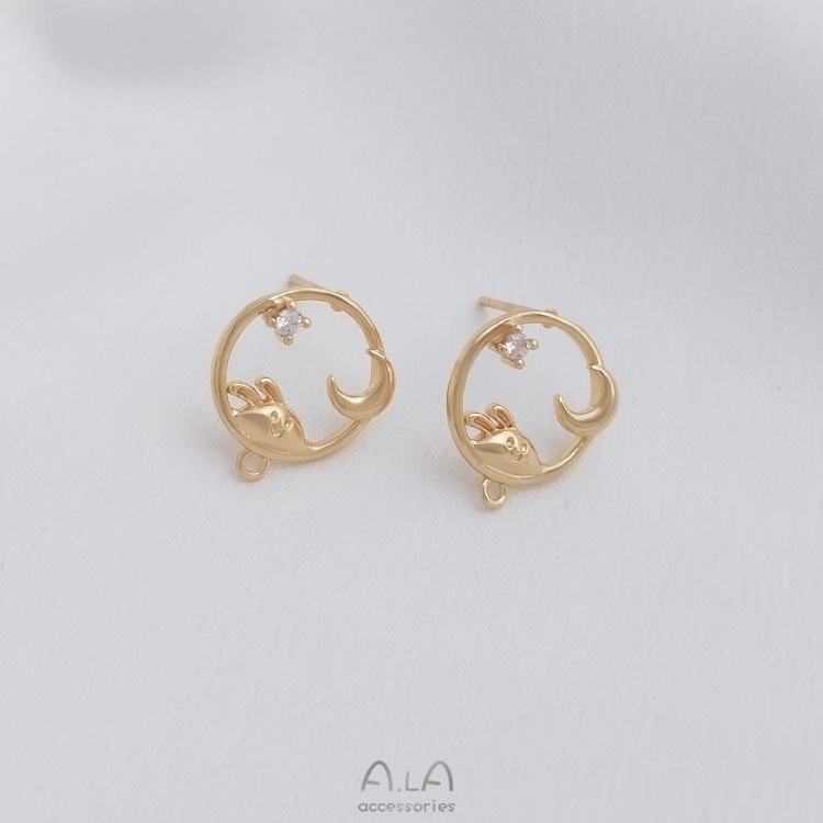 Bông Tai Mạ Vàng 14K Đính Đá Zircon Hình Thỏ / Mặt Trăng Nhiều Màu Sắc diy
