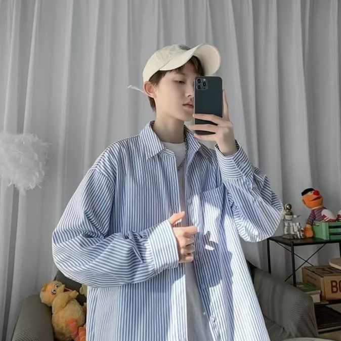 Mùa hè bùng nổ Hàn Quốc người đàn ông dài tay áo lỏng lẻo hàng ngày đơn giản phù hợp với thanh niên phổ biến mẫu sọc áo sơ mi nam dài tay