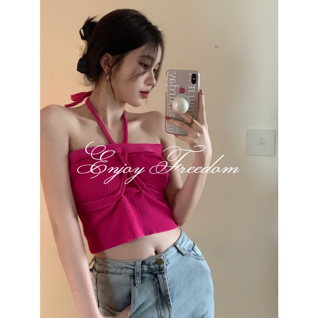 Enjoy Freedom Áo Hai Dây Ngắn Bện Ngắn Màu Trơn Quyến Rũ Cho Nữ