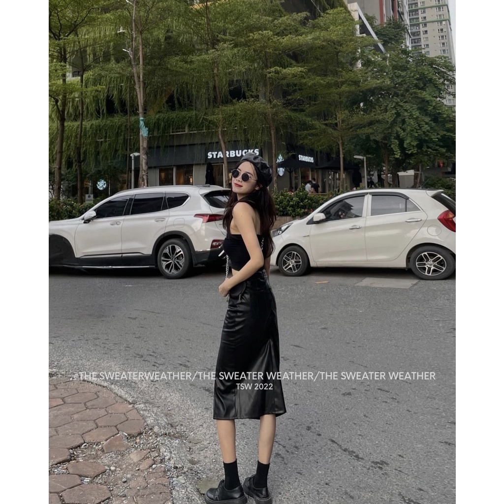 Chân váy da xẻ tà