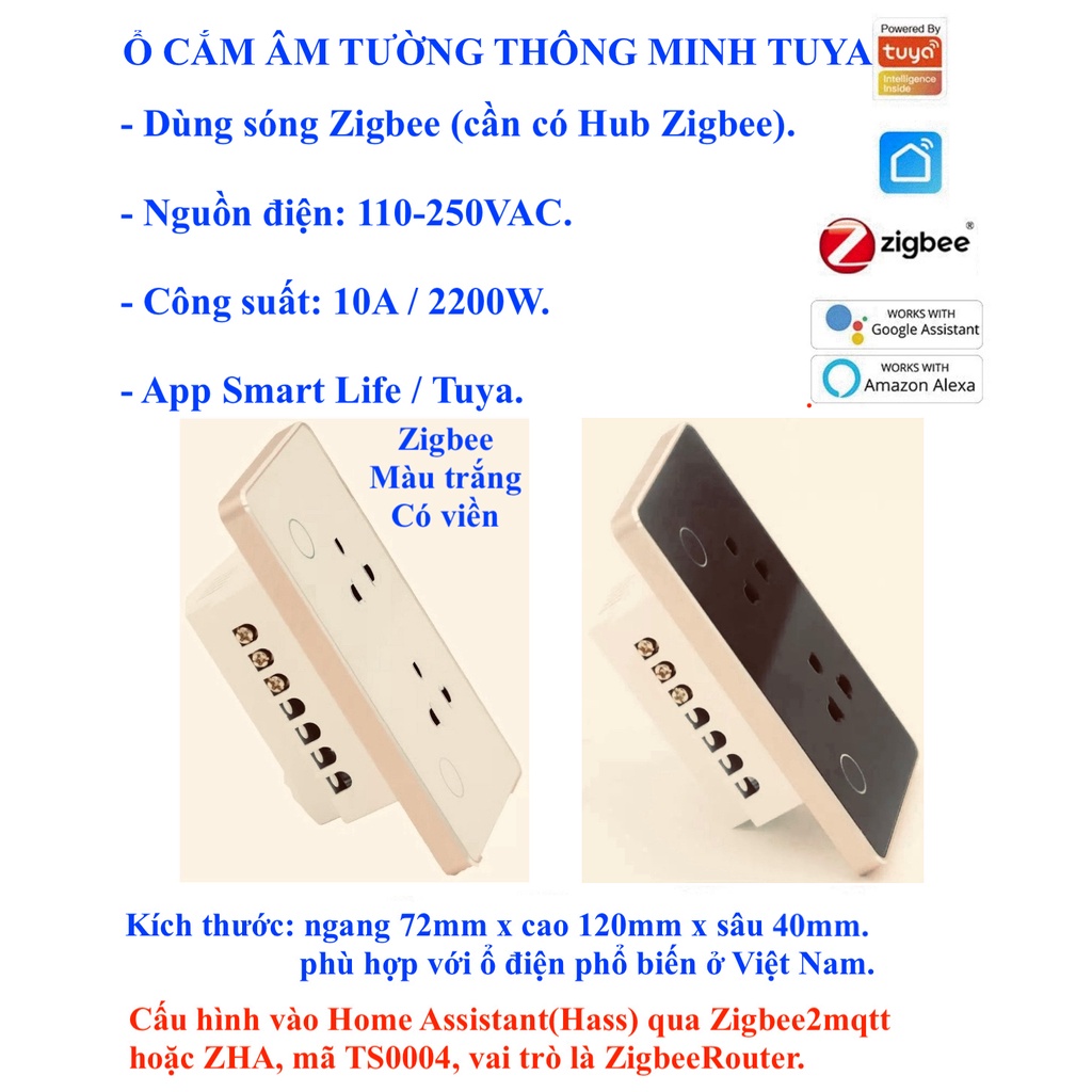 Ổ cắm âm tường thông minh, kết nối Zigbee hoặc Wifi, hệ Tuya.