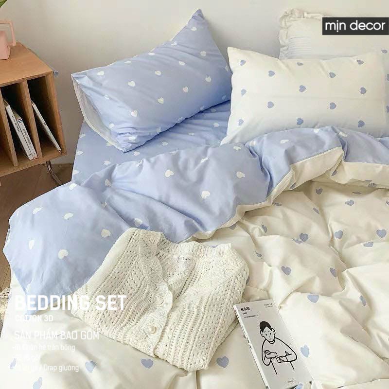 Bộ chăn ga gối Cotton 3D Mịn Decor 2021 - Bộ ga giường và vỏ chăn gối họa tiết tim nhiều màu, sử dụng cả 2 mặt