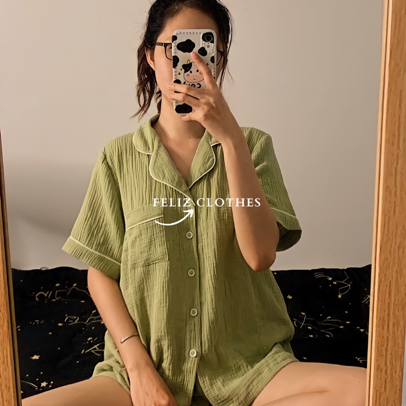 Pyjama xô muslin xanh matcha siêu dễ thương