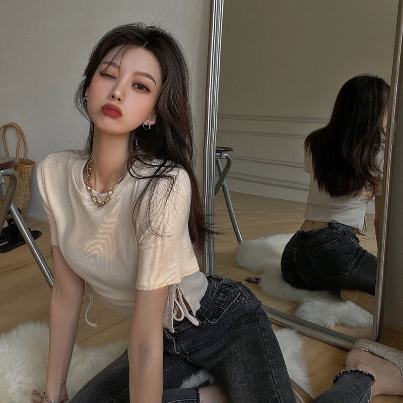 Áo thun crop top IELGY tay ngắn phối dây rút chất lượng cao thời trang cho nữ