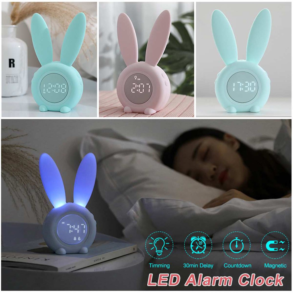 Đồng hồ báo thức thông minh để bàn đa năng hình thỏ dễ thương có đèn ngủ cảm biến âm thanh xem nhiệt độ phòng
