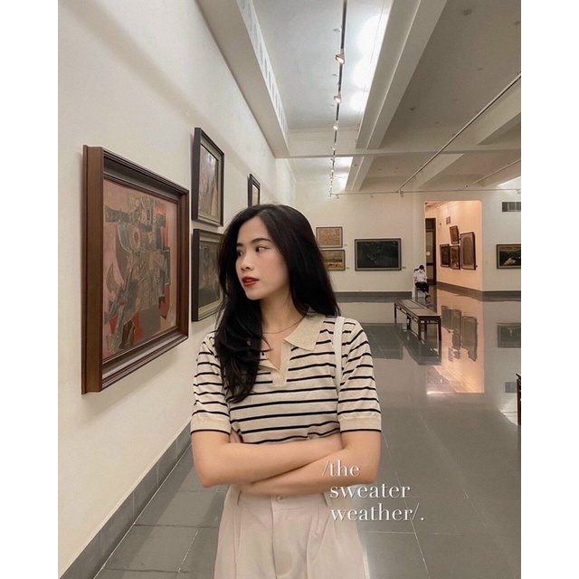 Áo len cổ đức kẻ ngang cộc tay | BigBuy360 - bigbuy360.vn