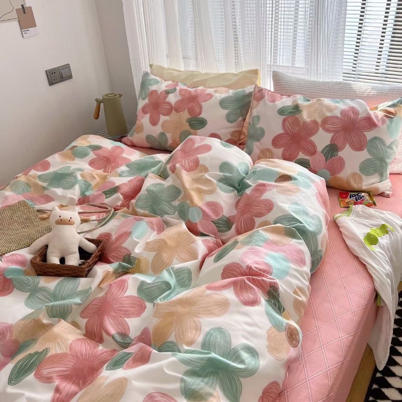 Bộ Chăn Ga Gối Cotton Living 100%cotton Hàng Nhập Khẩu Cao Cấp 4 Món Hoa đỏ