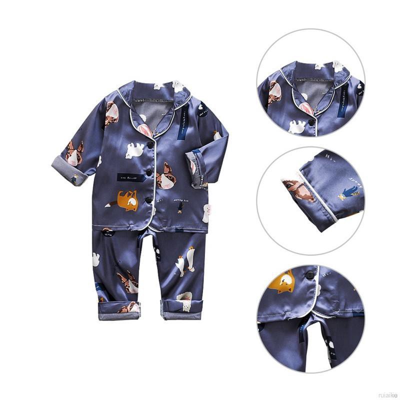 ruiaike  Girls Boys Long Sleeve Cartoon Animals Satin Silk Blouse + Pants Pajamas Sleepwear Set