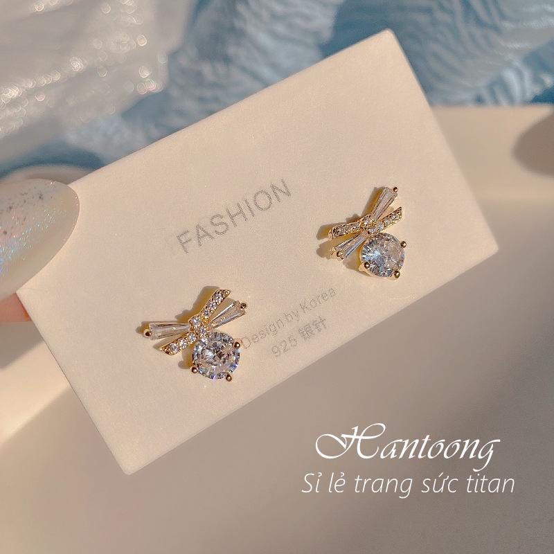 Bông tai nữ hình nơ xinh xắn khuyên tai nữ đính đá pha lê lấp lánh thời trang trẻ trung mẫu mới 2023