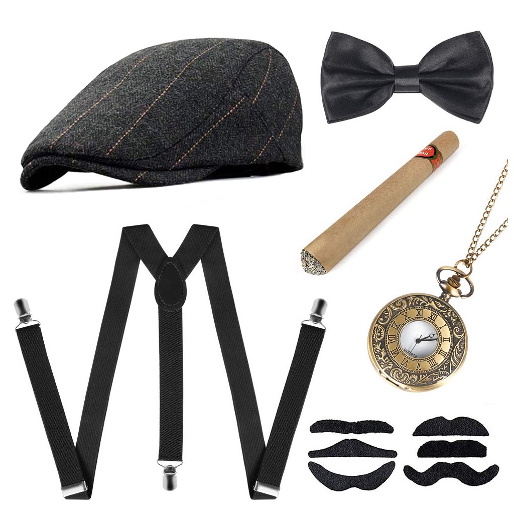 Gatsby Bộ Râu Giả Màu Đen Mũ Đội Có Dây Đeo Giả Xì Gà Retro