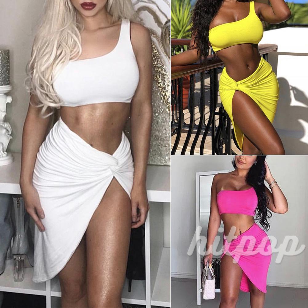 Đầm bơi hai mành bikini đi biển, áo lệch một vai, chân váy rút đùi gợi cảm khoe chân thon dài BVAY007