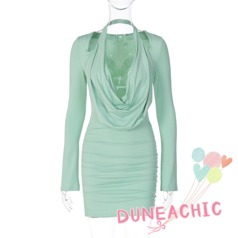 DUNEA Đầm Tay Dài Cổ Chữ V Ôm Dáng Quyến Rũ Thời Trang Dành Cho Nữ