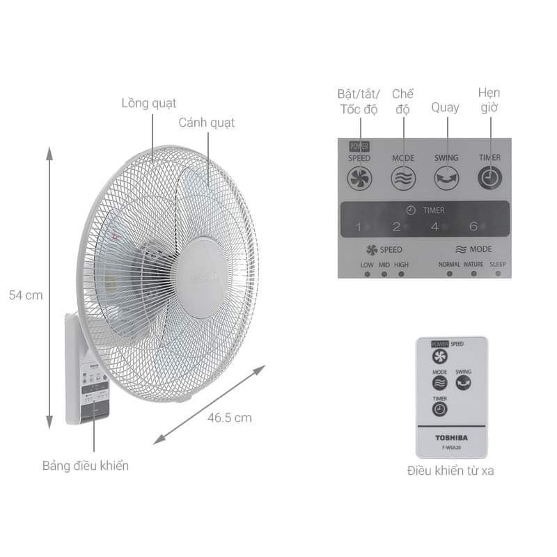 Quạt Treo tườngToshiba F-WSA20(H) có điều khiển , hẹn giờ hàng chính hãng BH 12 tháng