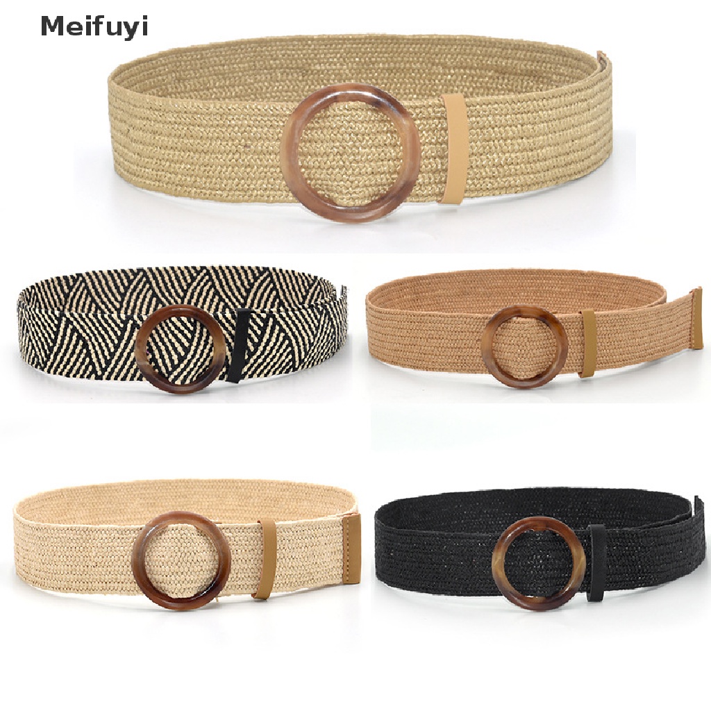 Đai thắt lưng đan cói bản rộng khóa gỗ tròn phong cách boho cổ điển VN439