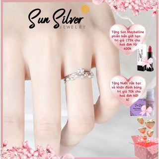 Nhẫn Nữ Bạc 925 Mạ Bạch Kim Vương Miện Đính Đá CZ 2 Layers Thời Trang Cao Cấp Free Size Sun Silver
