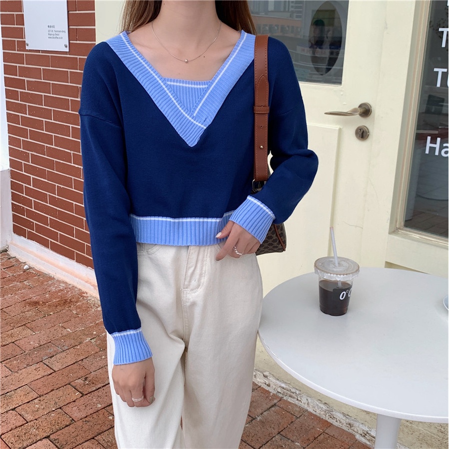 SUXI Áo sweater cổ chữ V thiết kế mới thời trang mùa thu theo phong cách hàn quốc cho nữ